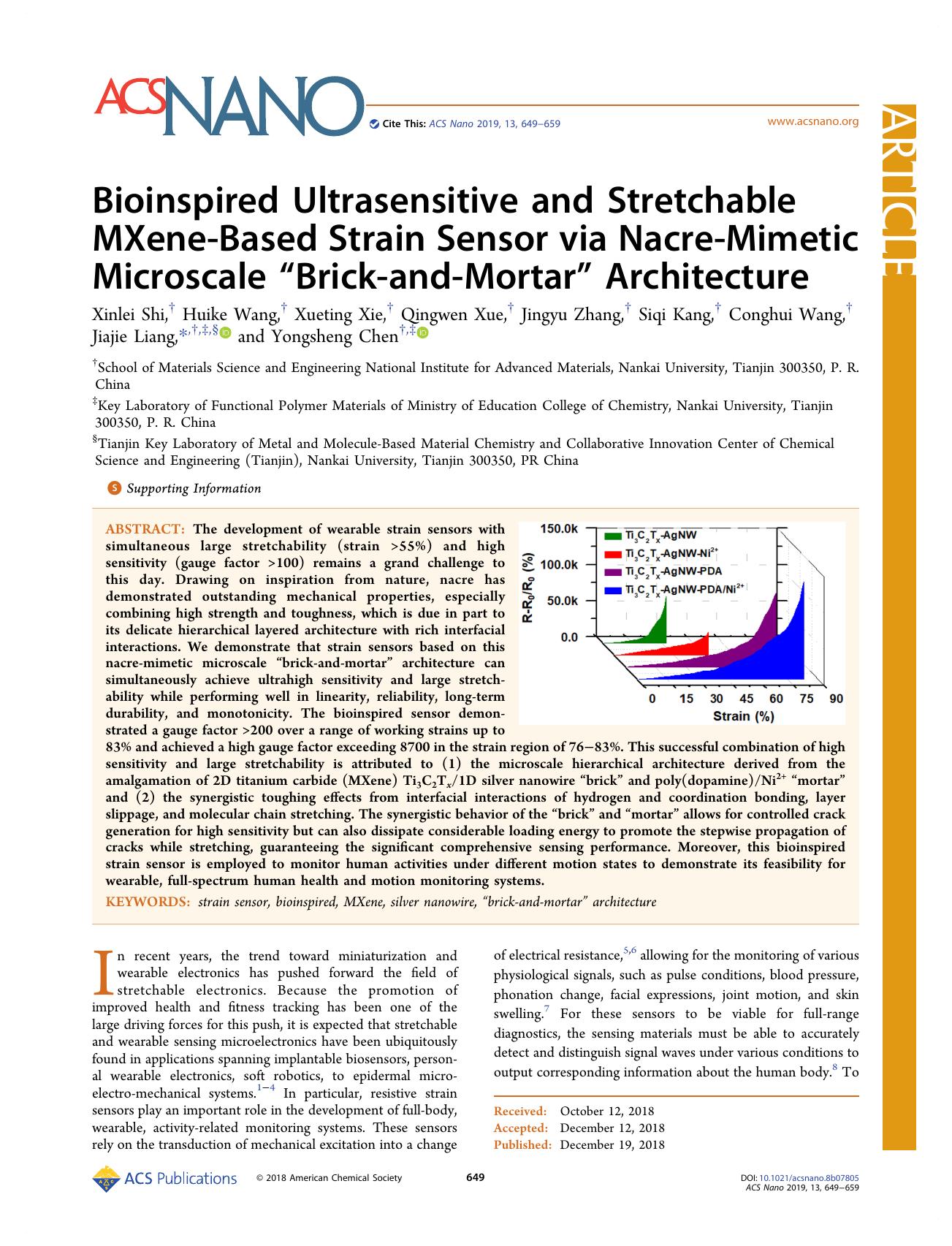 Bioinspired Ultrasensitive and Stretchable MXene-Based Strain Sensor via Nacre-Mimetic Microscale âBrick-and-Mortarâ Architecture by unknow