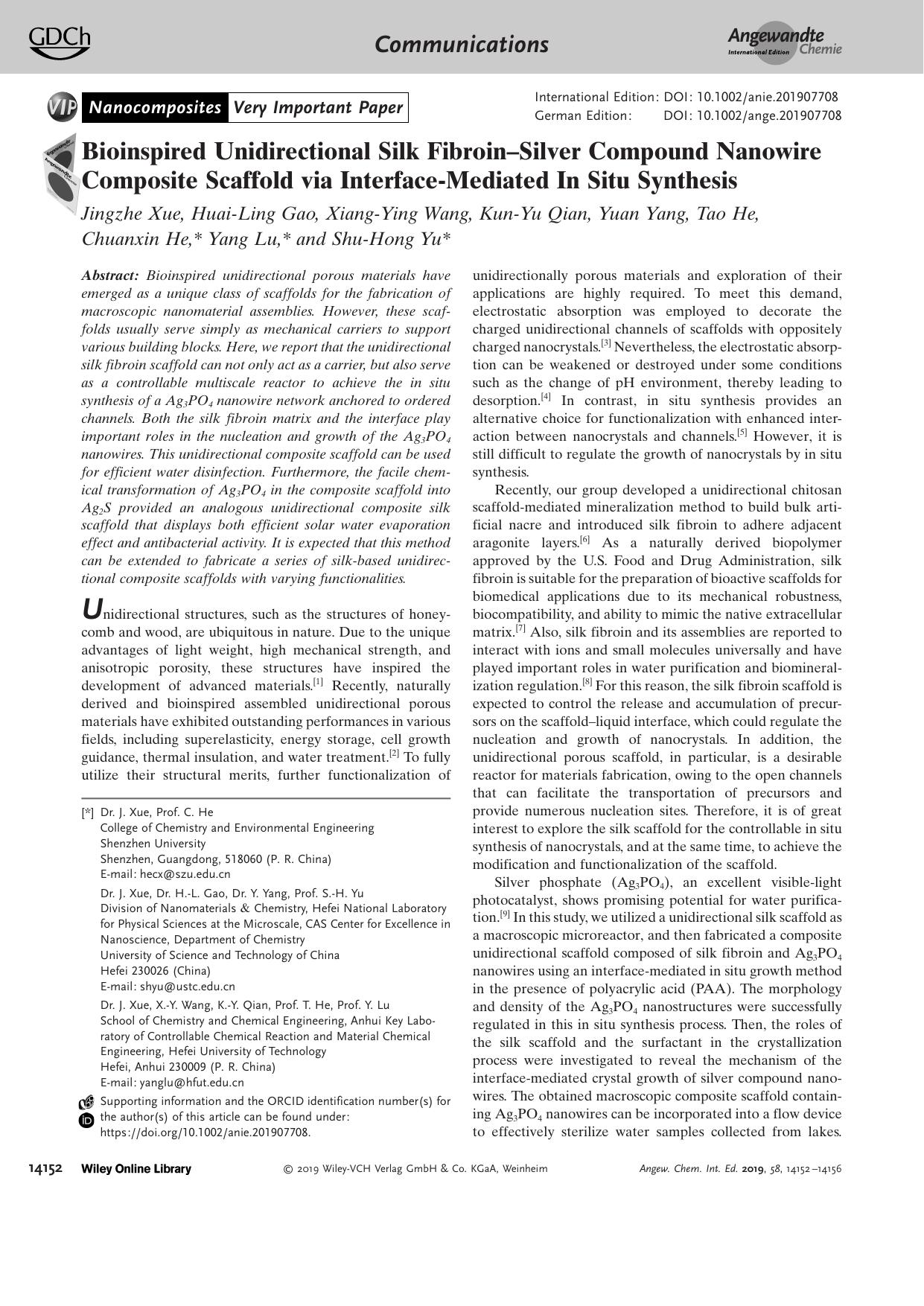 Bioinspired Unidirectional Silk FibroinâSilver Compound Nanowire Composite Scaffold via InterfaceâMediated In Situ Synthesis by Unknown