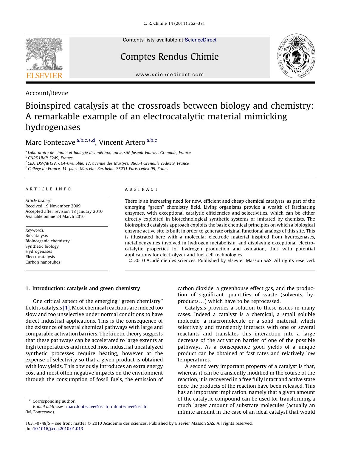 Bioinspired catalysis at the crossroads between biology and chemistry: A remarkable example of an electrocatalytic material mimicking hydrogenases by Marc Fontecave