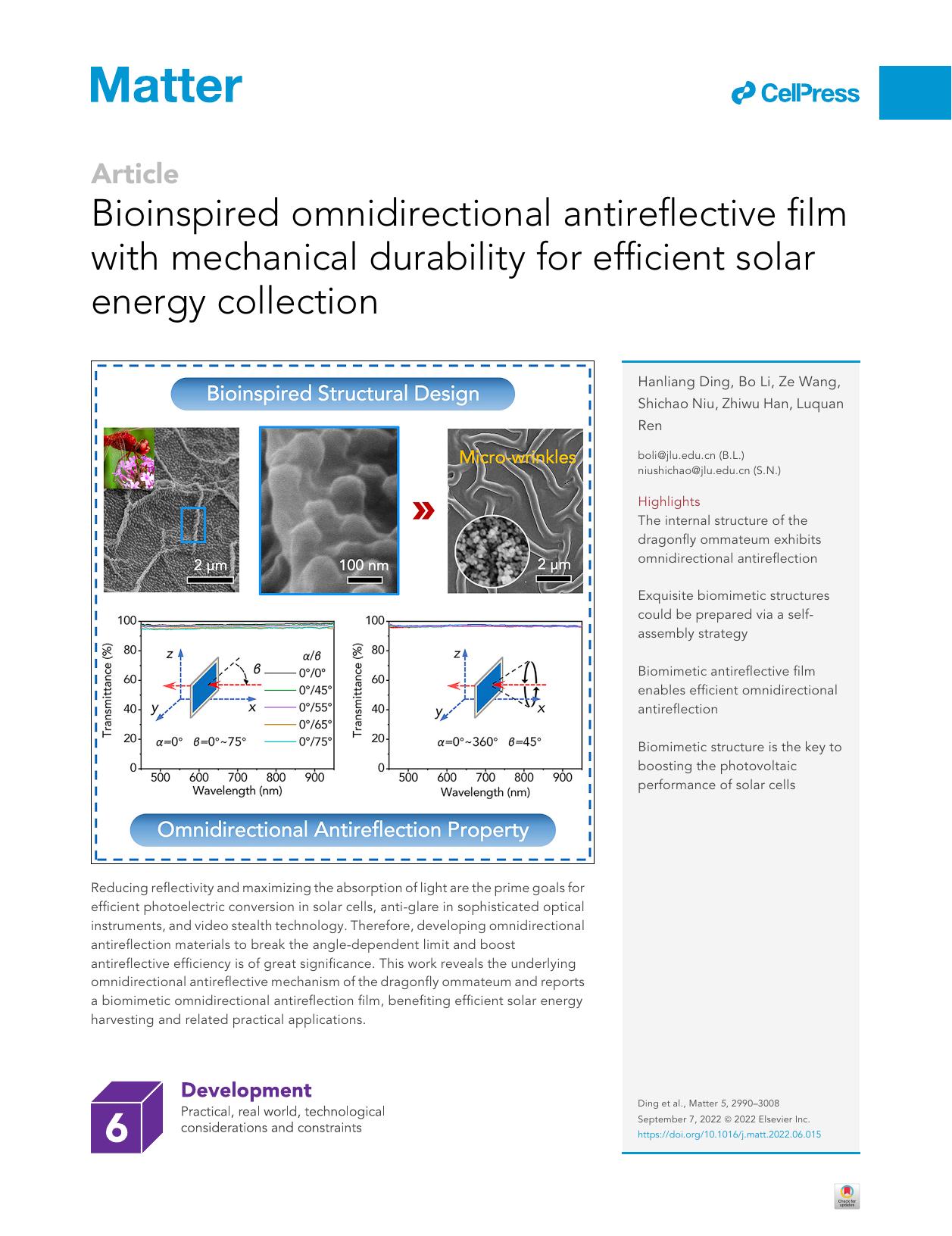 Bioinspired omnidirectional antireflective film with mechanical durability for efficient solar energy collection by Hanliang Ding & Bo Li & Ze Wang & Shichao Niu & Zhiwu Han & Luquan Ren