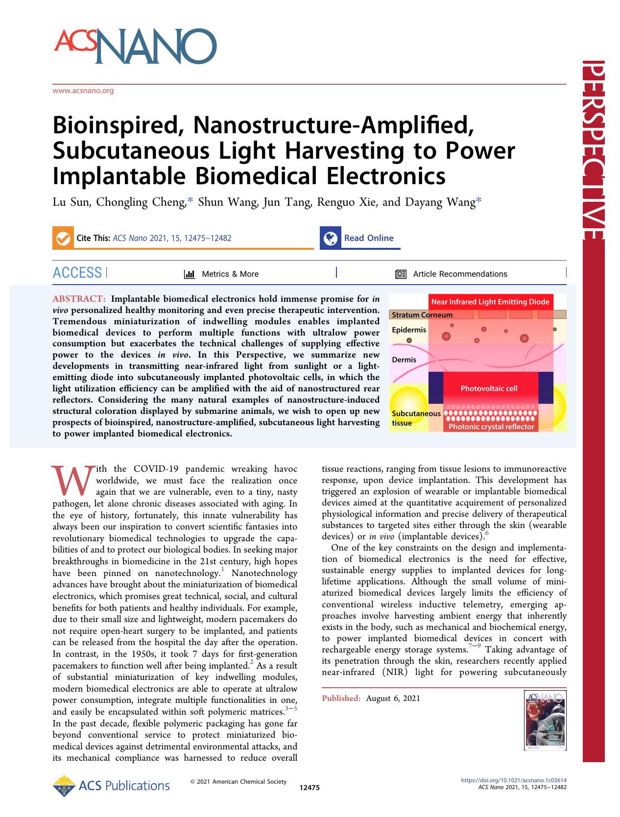 Bioinspired, Nanostructure-Amplified, Subcutaneous Light Harvesting to Power Implantable Biomedical Electronics by Lu Sun Chongling Cheng Shun Wang Jun Tang Renguo Xie and Dayang Wang