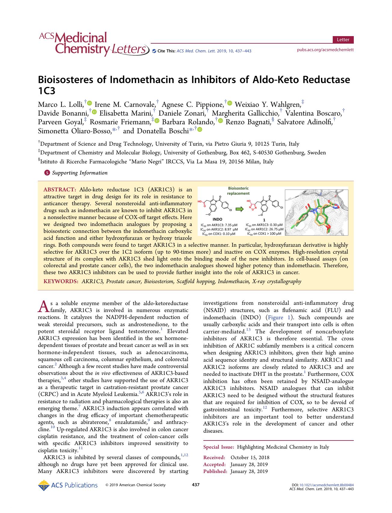 Bioisosteres of Indomethacin as Inhibitors of Aldo-Keto Reductase 1C3 by unknow