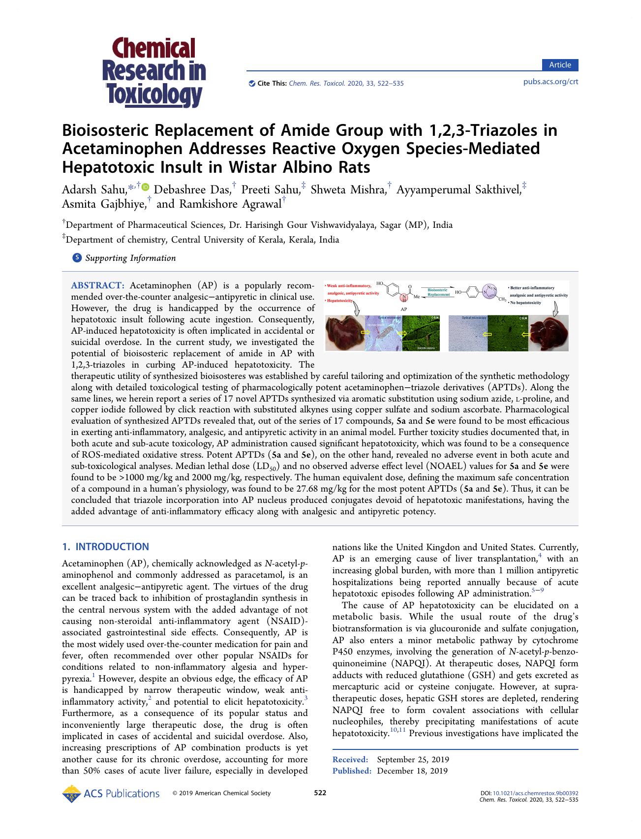 Bioisosteric Replacement of Amide Group with 1,2,3-Triazoles in Acetaminophen Addresses Reactive Oxygen Species-Mediated Hepatotoxic Insult in Wistar Albino Rats by unknow