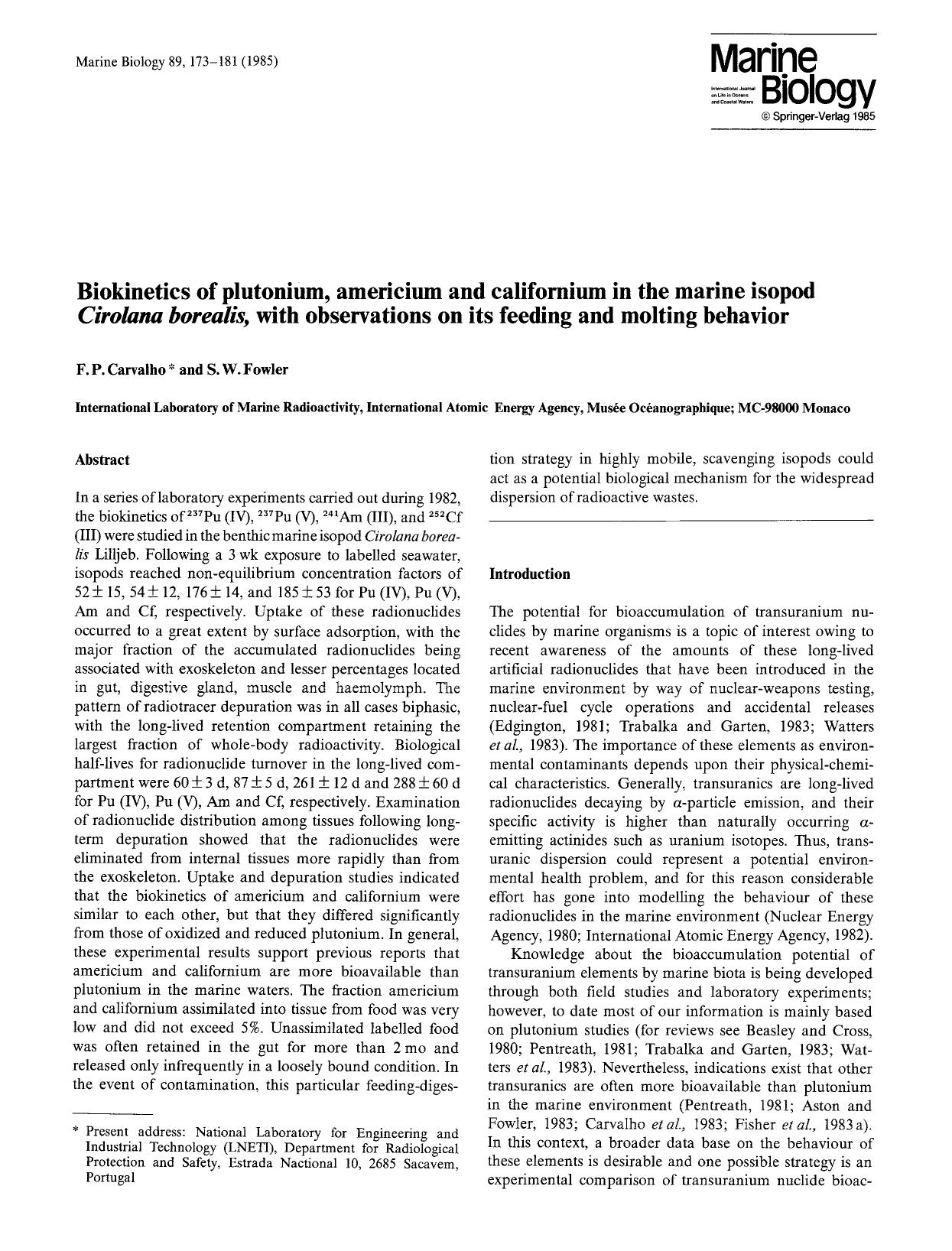 Biokinetics of plutonium, americium and californium in the marine isopod <Emphasis Type="Italic">Cirolana borealis<Emphasis>, with observations on its feeding and molting behavior by Unknown
