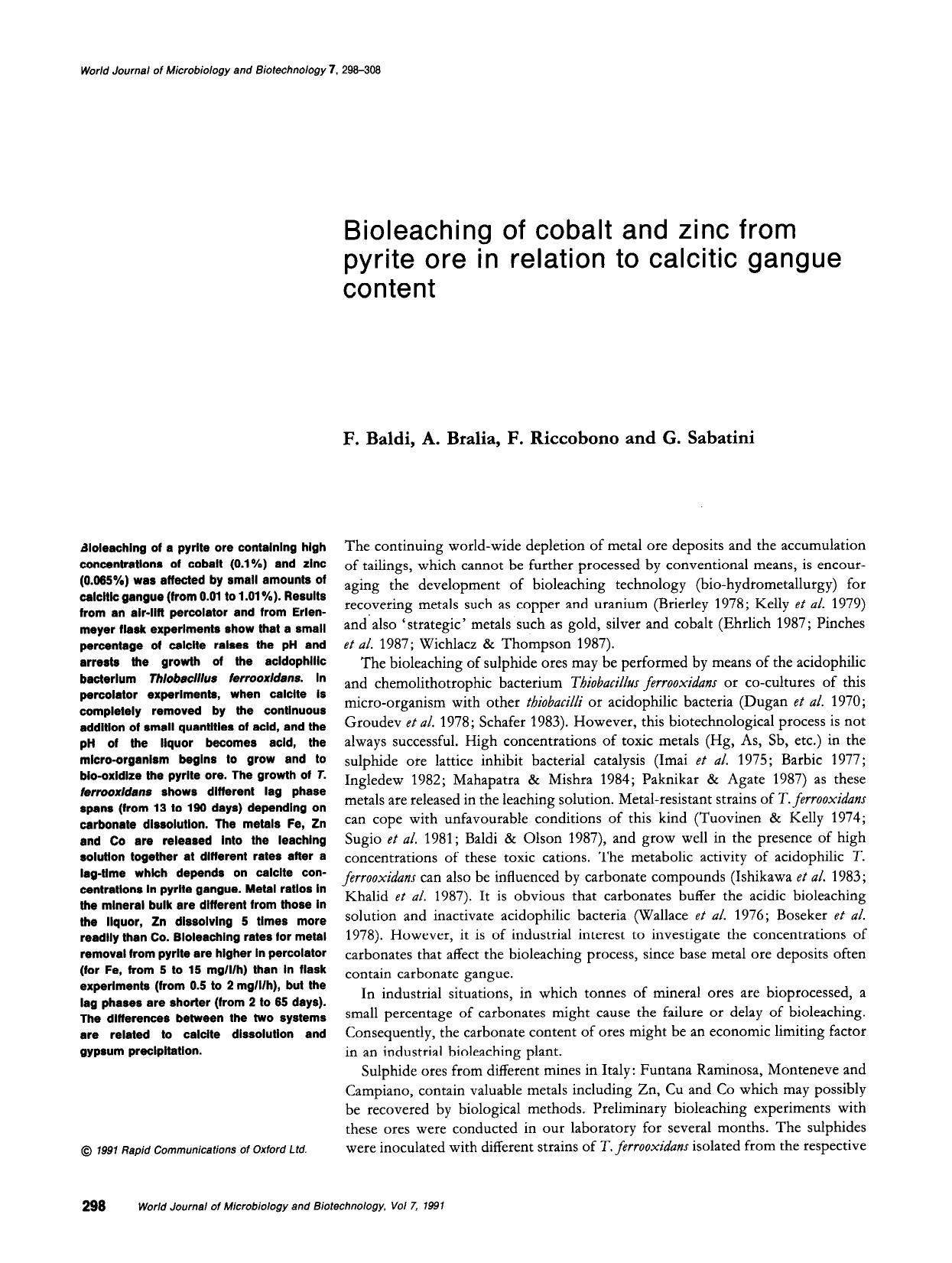 Bioleaching of cobalt and zinc from pyrite ore in relation to calcitic gangue content by Unknown
