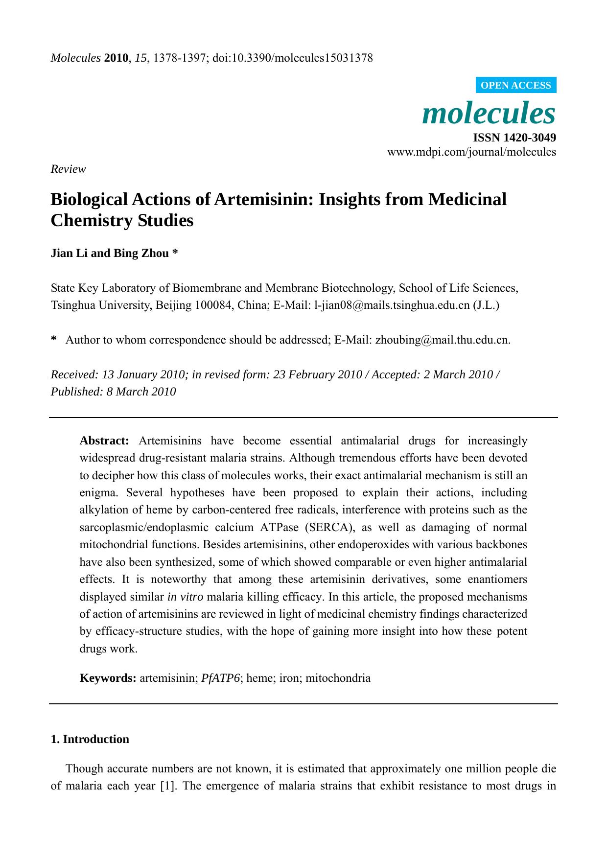 Biological Actions of Artemisinin: Insights from Medicinal Chemistry Studies by Jian Li & Bing Zhou