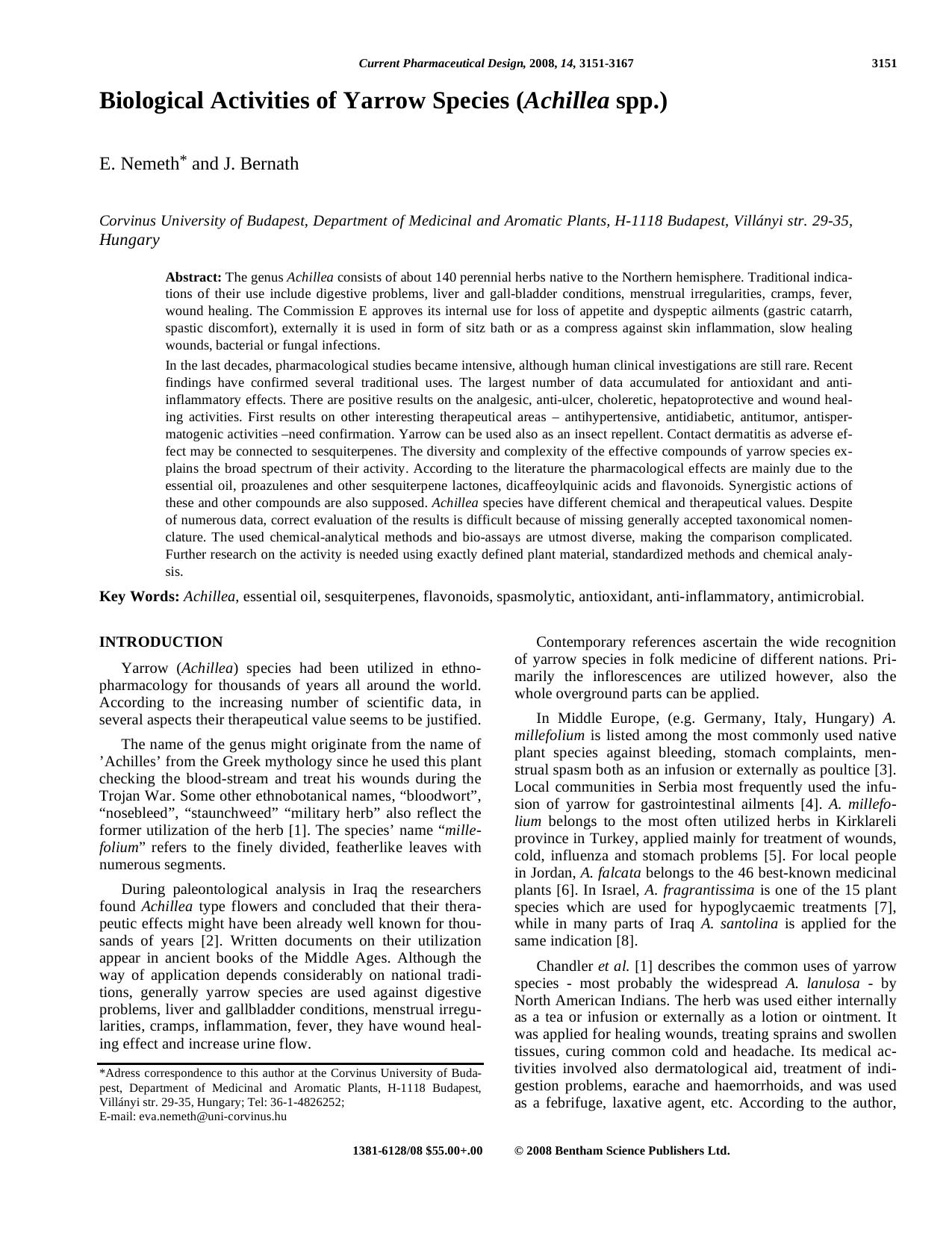 Biological Activities of Yarrow Species (Achillea spp.) by E. Nemeth ; J. Bernath