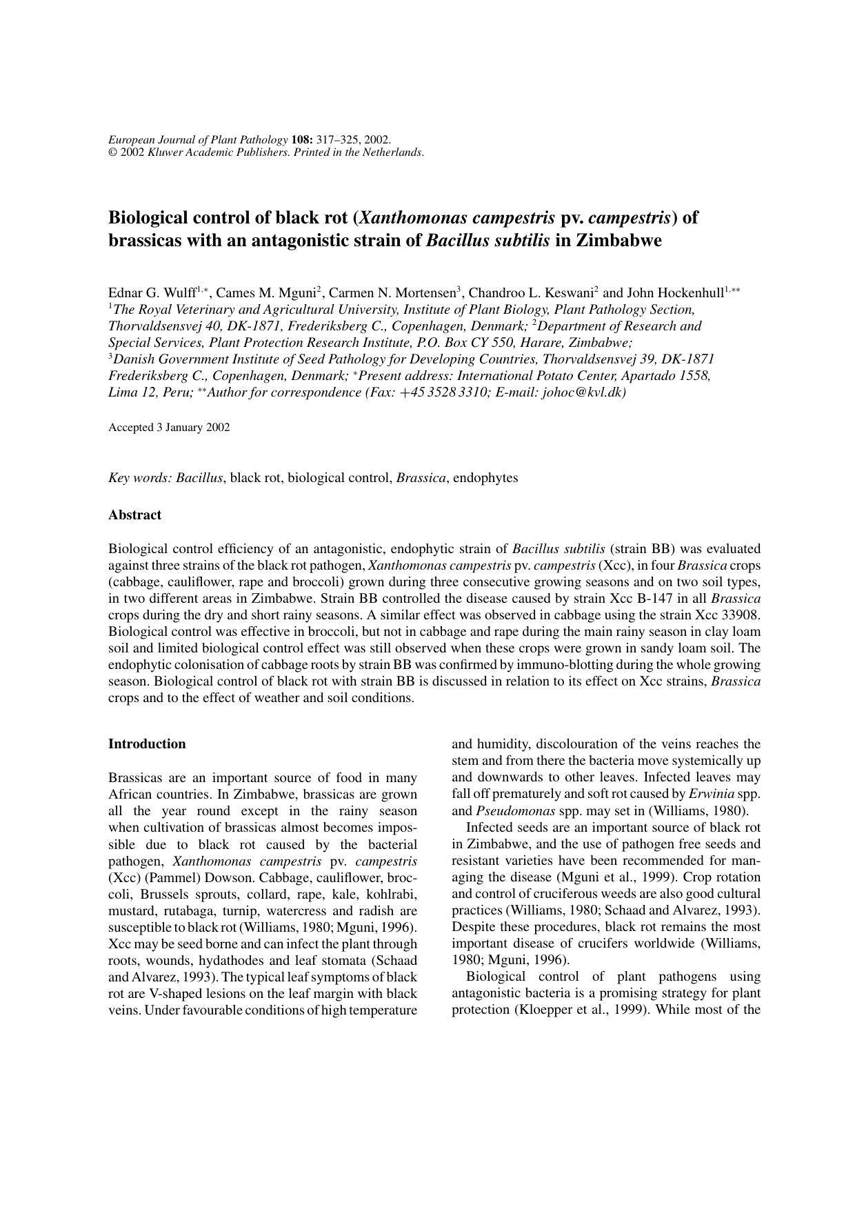 Biological Control of Black Rot (<Emphasis Type="Italic">Xanthomonas Campestris<Emphasis> Pv. <Emphasis Type="Italic">campestris<Emphasis>) of Brassicas with an Antagonistic Strain by Unknown