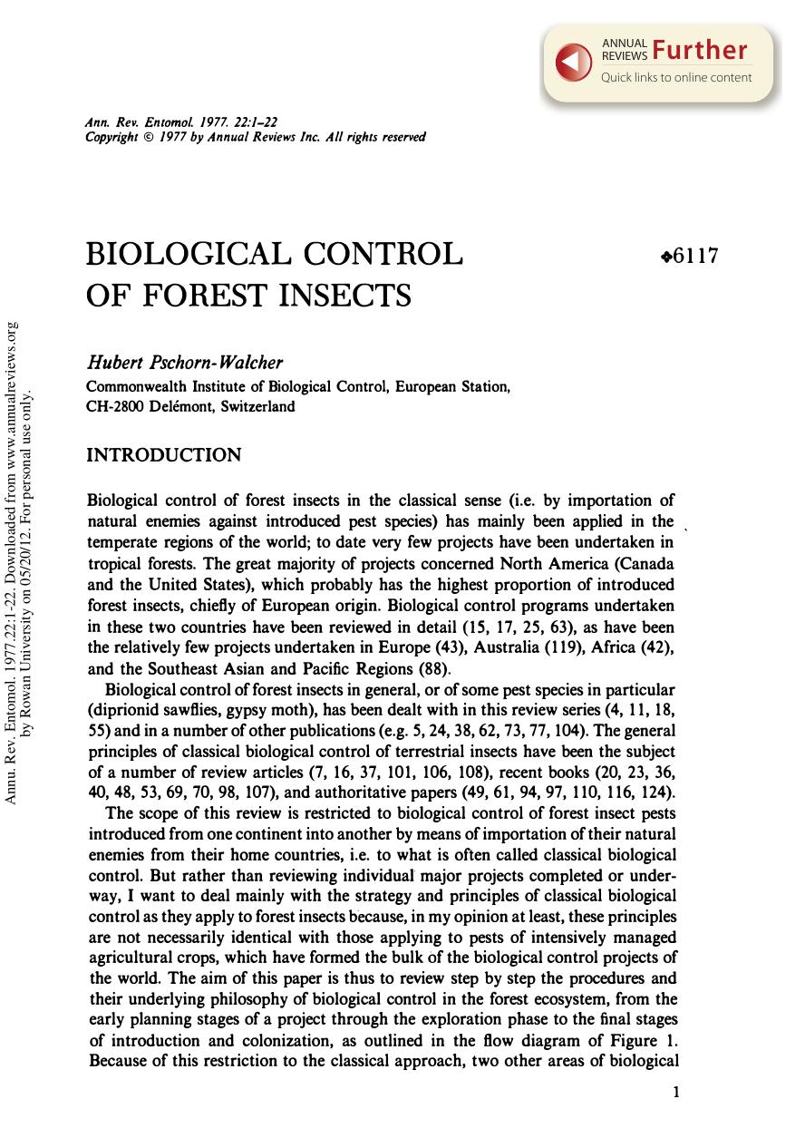 Biological Control of Forest Insects by H Pschorn-Walcher