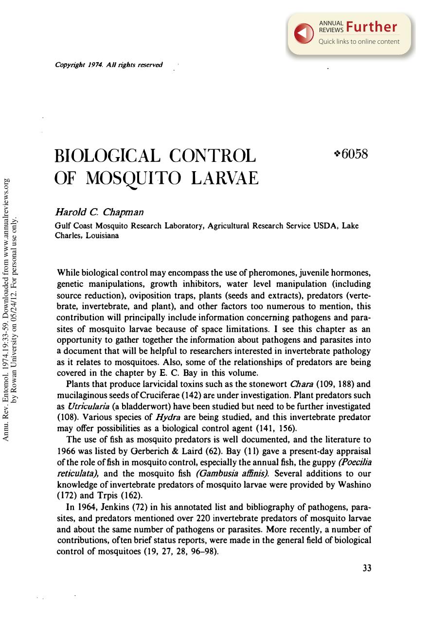 Biological Control of Mosquito Larvae by H C Chapman