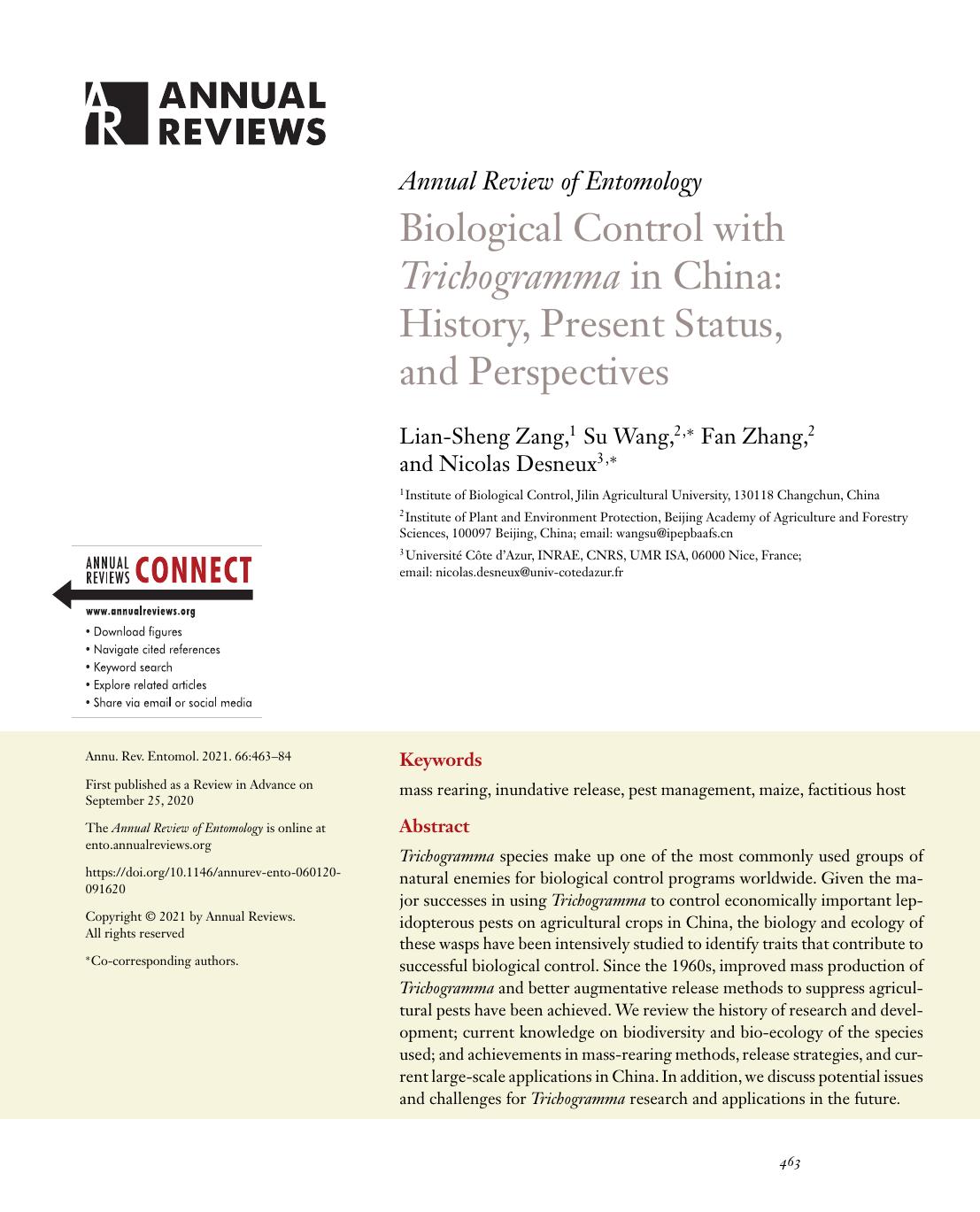 Biological Control with Trichogramma in China: History, Present Status, and Perspectives by Lian-Sheng Zang Su Wang Fan Zhang Nicolas Desneux