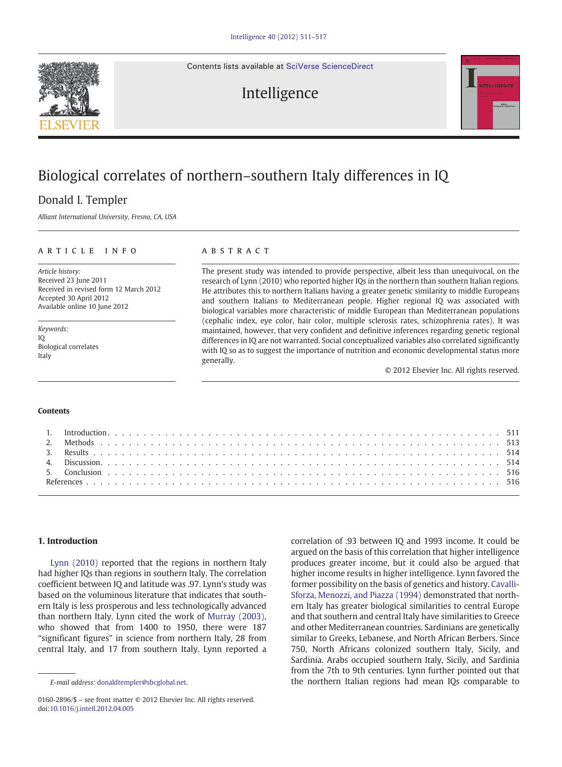 Biological Correlates of NorthernâSouthern Italy Differences in IQ + Corrigendum (2012) by Donald I. Templer by Unknown