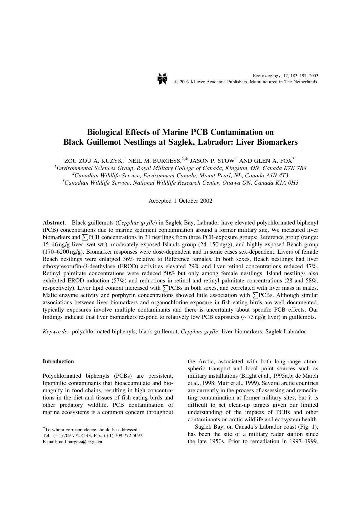 Biological Effects of Marine PCB Contamination on Black Guillemot Nestlings at Saglek, Labrador: Liver Biomarkers by Unknown