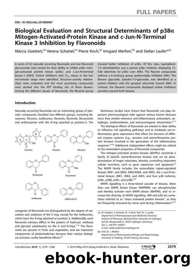 Biological Evaluation and Structural Determinants of p38 MitogenActivatedProtein Kinase and cJunNTerminal Kinase 3 Inhibition by Flavonoids by Unknown