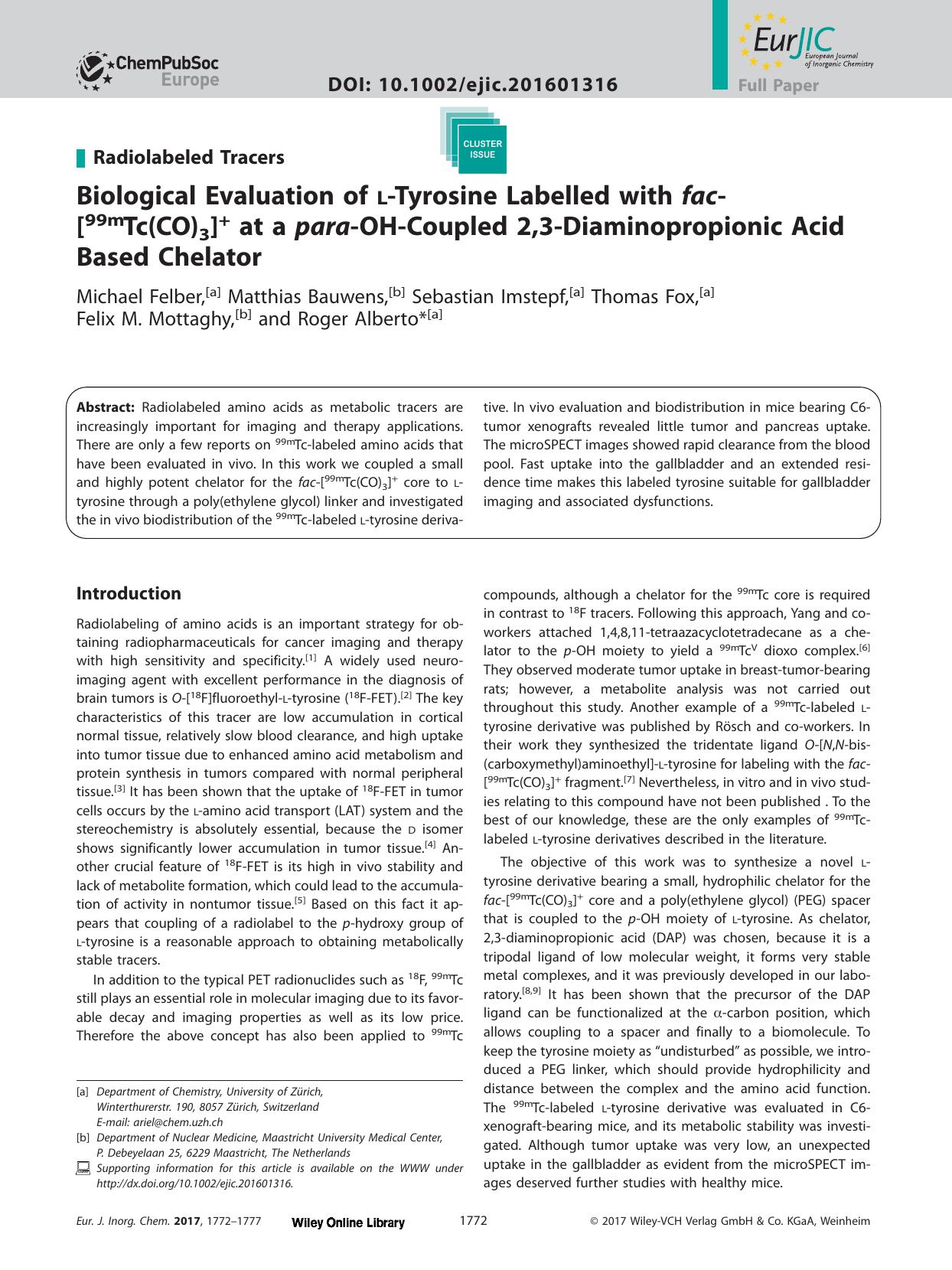 Biological Evaluation of <sc>l<sc>‐Tyrosine Labelled with <i>fac<i>‐[<sup>99m<sup>Tc(CO)<sub>3<sub>]<sup>+<sup> at a <i>para<i>‐OH‐Coupled 2,3  by Unknown