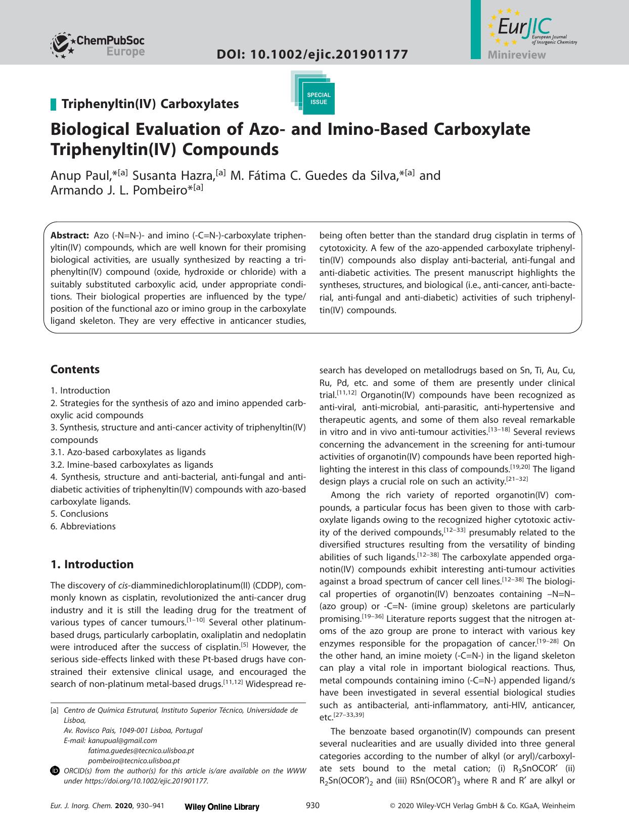 Biological Evaluation of Azo‐ and Imino‐Based Carboxylate Triphenyltin(IV) Compounds by Unknown