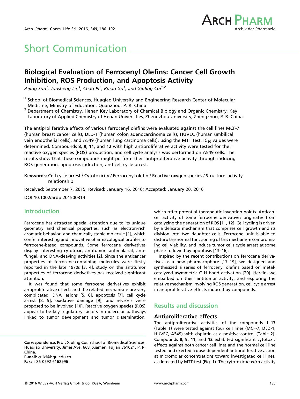 Biological Evaluation of Ferrocenyl Olefins: Cancer Cell Growth Inhibition, ROS Production, and Apoptosis Activity by Unknown