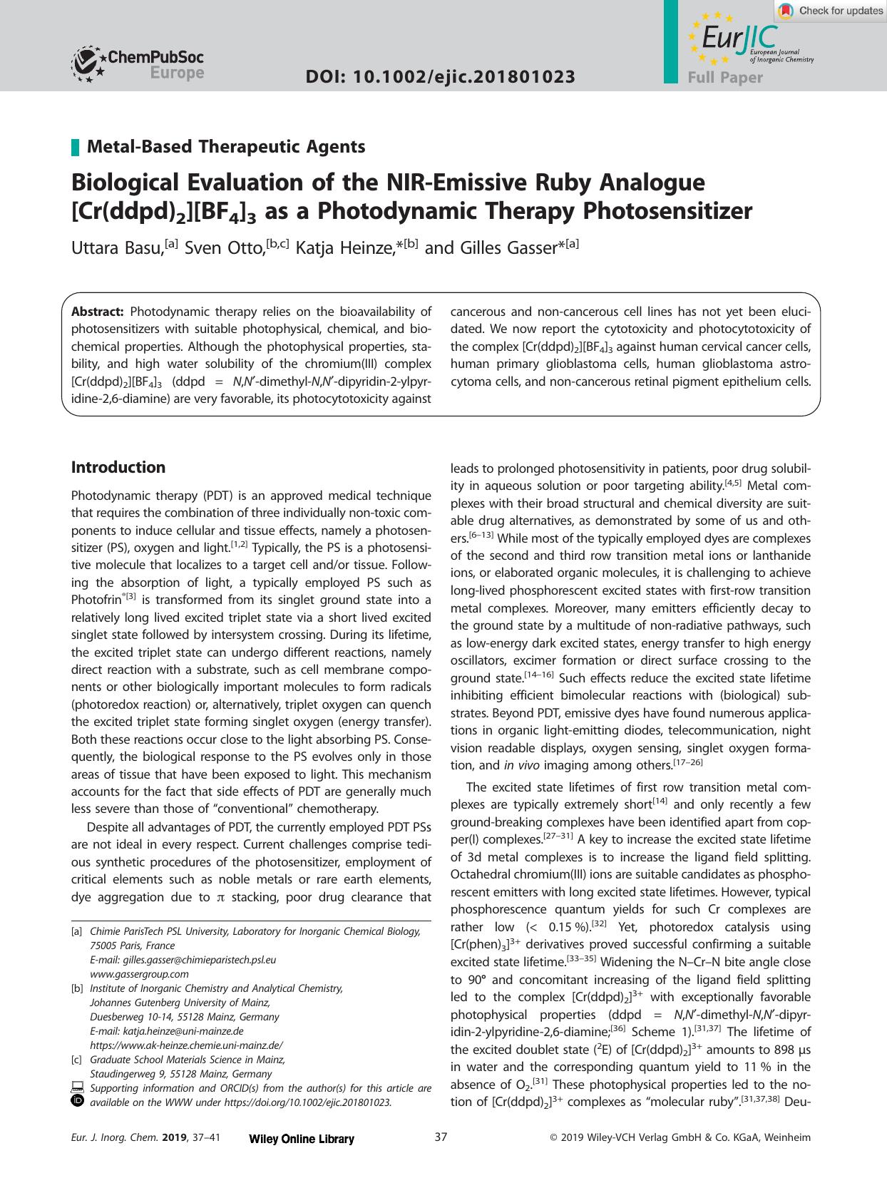Biological Evaluation of the NIRâEmissive Ruby Analogue [Cr(ddpd)2][BF4]3 as a Photodynamic Therapy Photosensitizer by Unknown