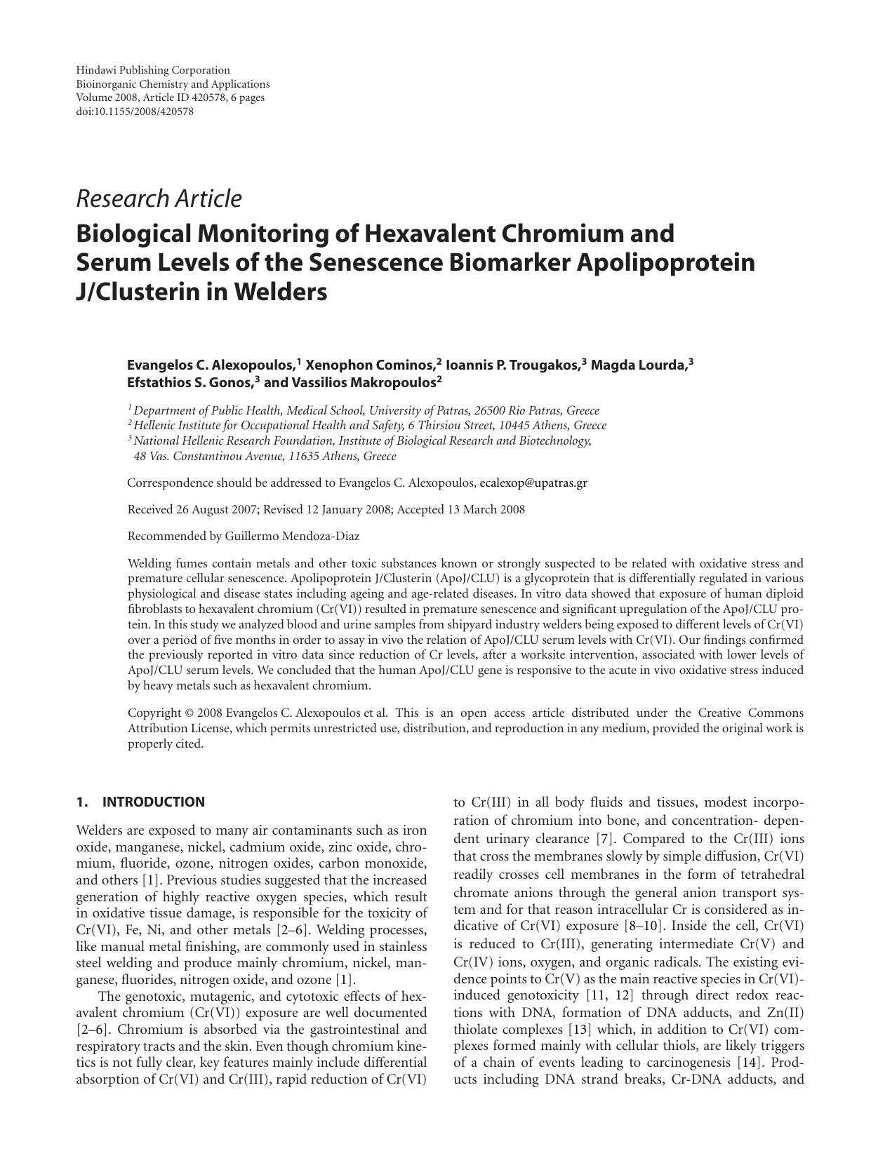 Biological Monitoring of Hexavalent Chromium and Serum Levels of the Senescence Biomarker Apolipoprotein JClusterin in Welders by Evangelos C. Alexopoulos {et al.}