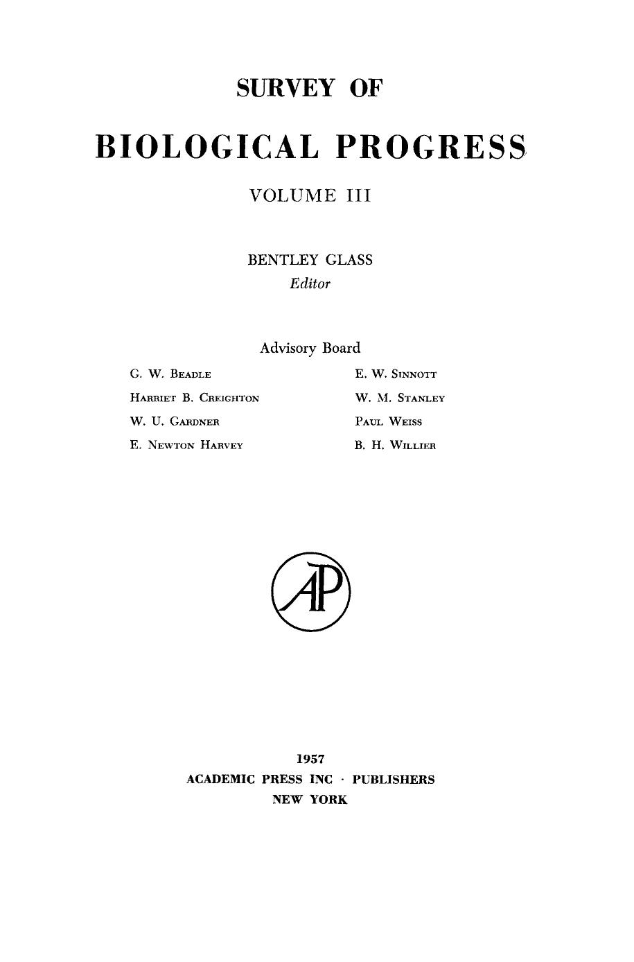 Biological Progress by BENTLEY GLASS (Eds.)