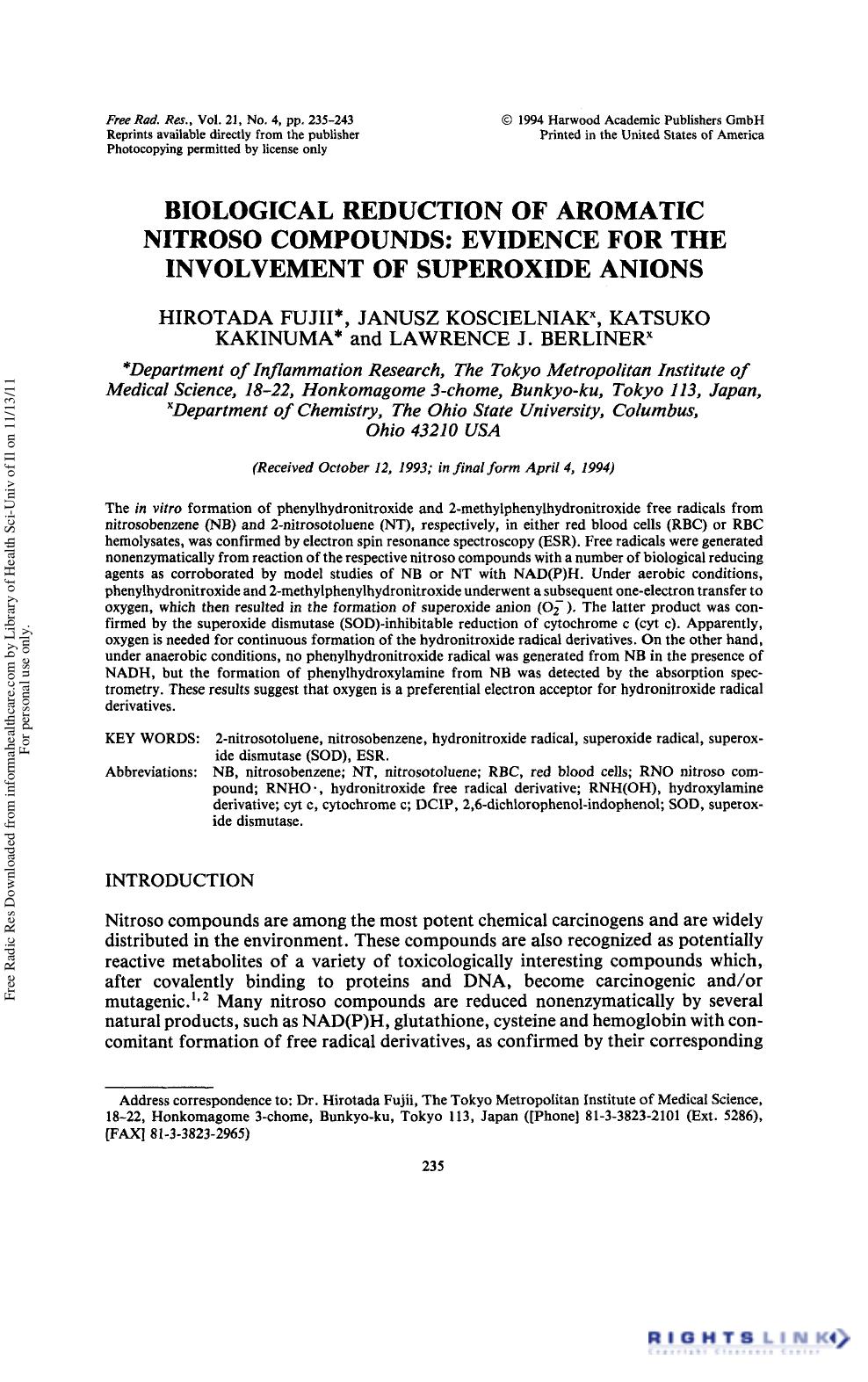 Biological Reduction of Aromatic Nitroso Compounds: Evidence for the Involvement of Superoxide Anions by Hirotada Fujii1† Janusz Koscielniak2 Katsuko Kakinuma1 & Lawrence J. Berliner2