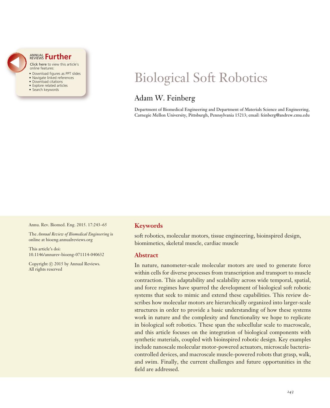 Biological Soft Robotics by Adam W. Feinberg
