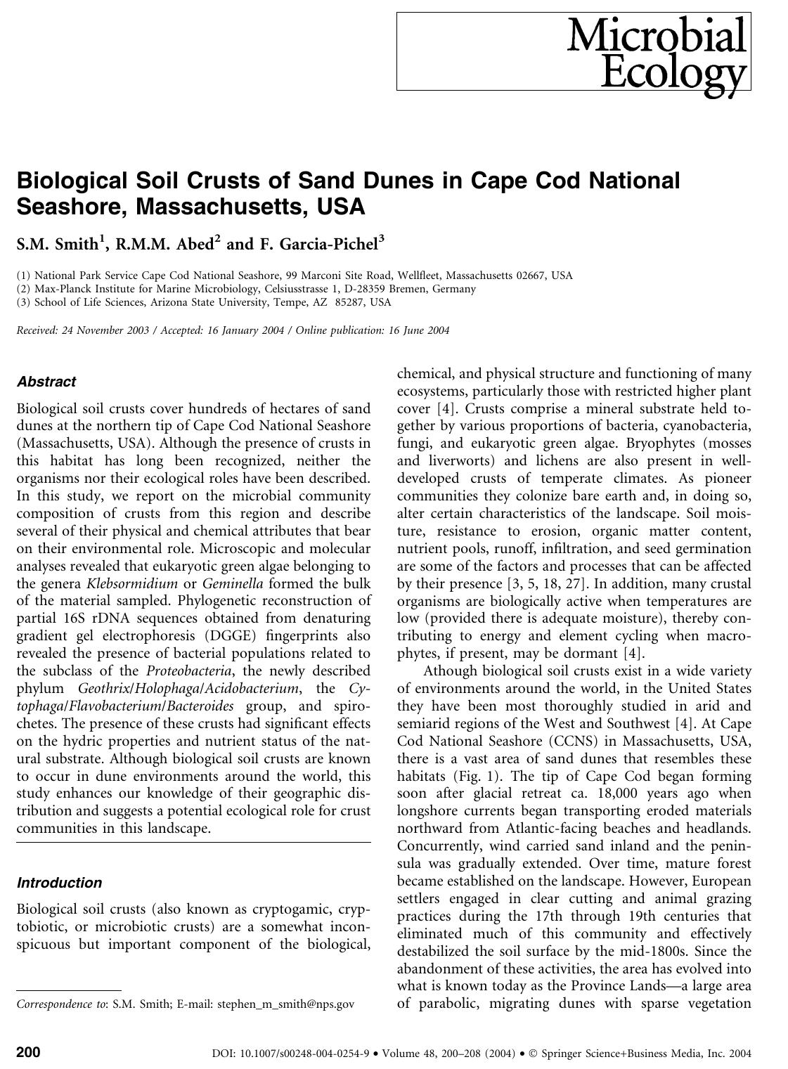 Biological Soil Crusts of Sand Dunes in Cape Cod National Seashore, Massachusetts, USA by Smith S.M. et al