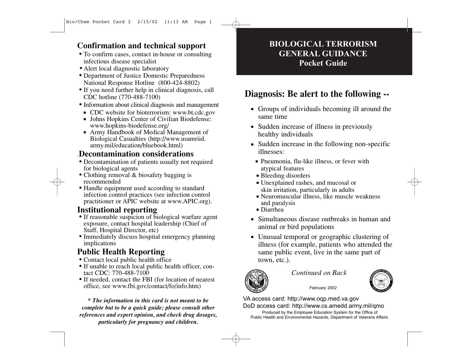 Biological Terrorism Pocket Card 2 by Unknown