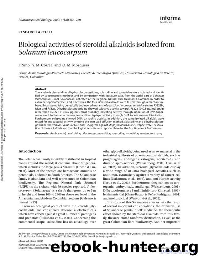 Biological activities of steroidal alkaloids isolated from Solanum leucocarpum by J. Niño Y. M. Correa & O. M. Mosquera