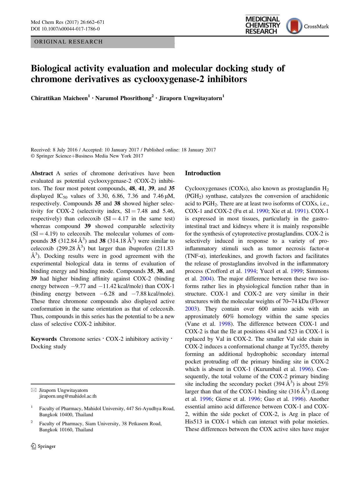 Biological activity evaluation and molecular docking study of chromone derivatives as cyclooxygenase-2 inhibitors by Chirattikan Maicheen & Narumol Phosrithong & Jiraporn Ungwitayatorn