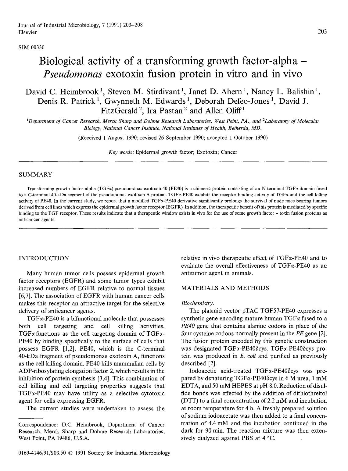 Biological activity of a transforming growth factor-alpha- <Emphasis Type="Italic">Pseudomonas <Emphasis> exotoxin fusion protein in vitro and in vivo by Unknown