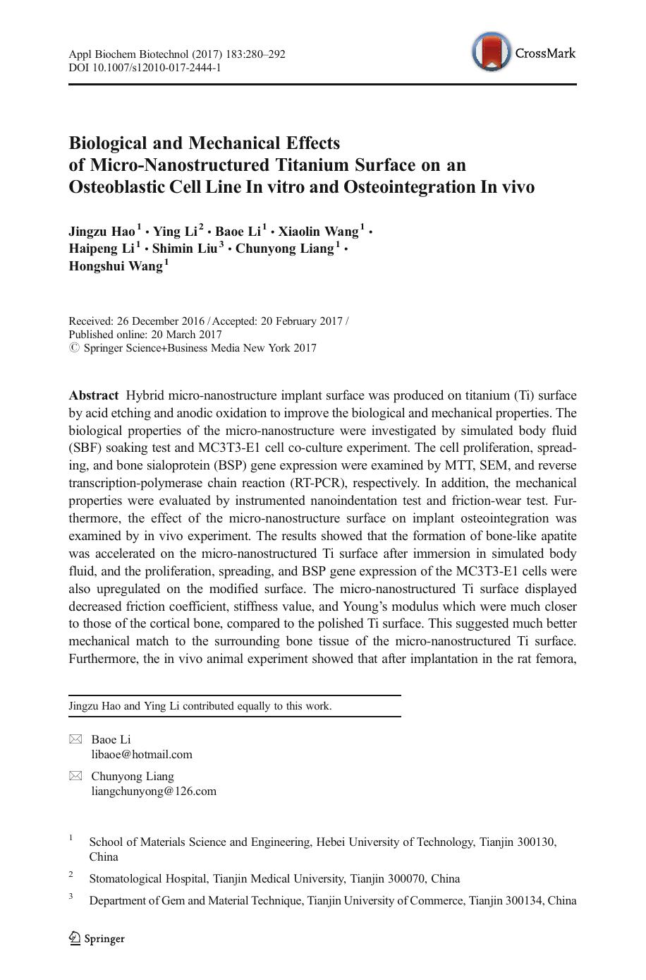 Biological and Mechanical Effects of Micro-Nanostructured Titanium Surface on an Osteoblastic Cell Line In vitro and Osteointegration In vivo by unknow