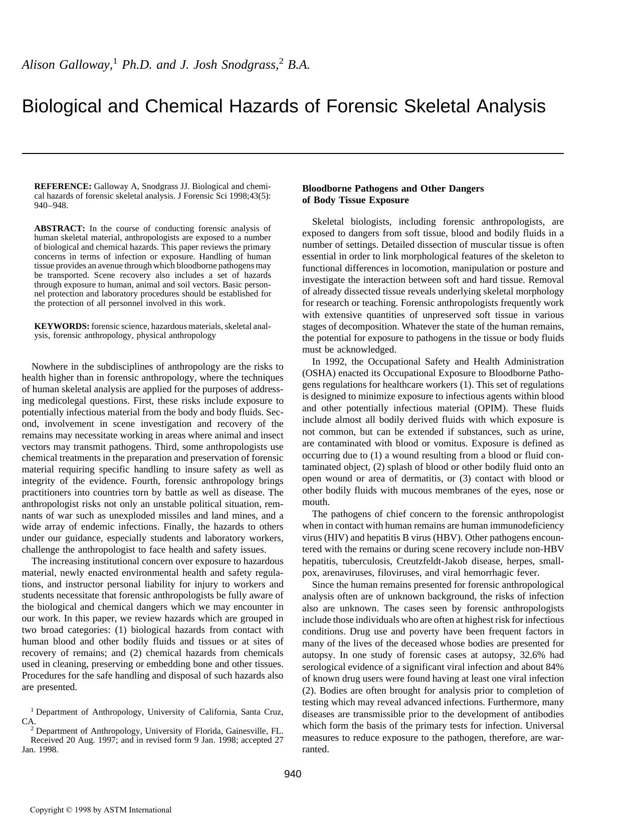 Biological and chemical hazards of forensic skeletal analysis by Galloway A Snodgrass JJ
