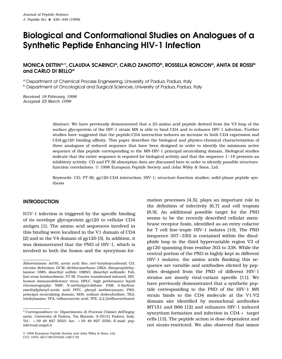 Biological and conformational studies on analogues of a synthetic peptide enhancing HIV-1 infection by Unknown