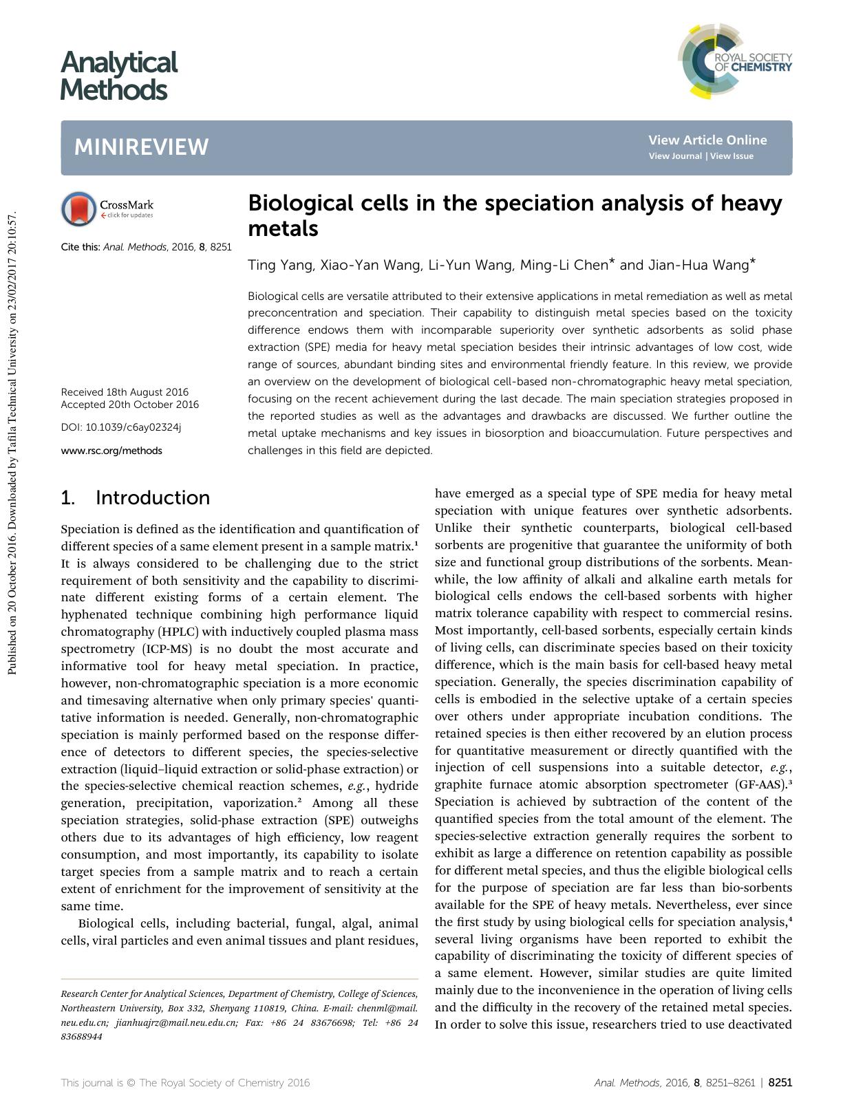 Biological cells in the speciation analysis of heavy metals by Ting Yang & Xiao-Yan Wang & Li-Yun Wang & Ming-Li Chen & Jian-Hua Wang