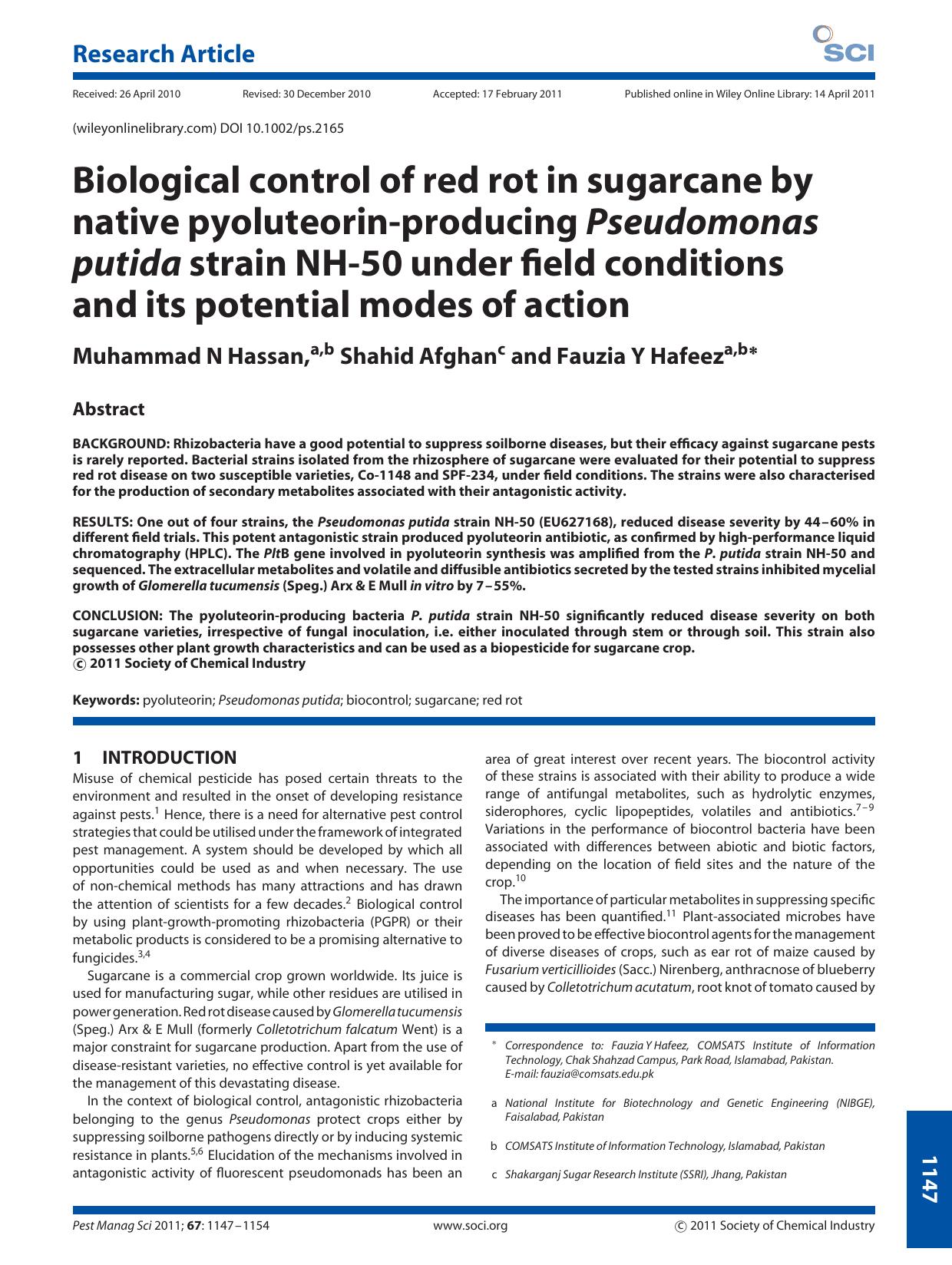 Biological control of red rot in sugarcane by native pyoluteorinproducing Pseudomonas putida strain NH50 under field conditions and its potential modes of action by Unknown