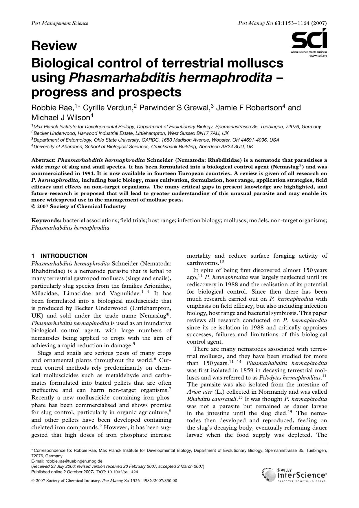 Biological control of terrestrial molluscs using Phasmarhabditis hermaphrodita-progress and prospects by Unknown