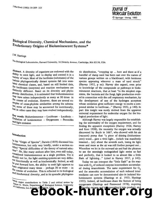 Biological diversity, chemical mechanisms, and the evolutionary origins of bioluminescent systems by Unknown