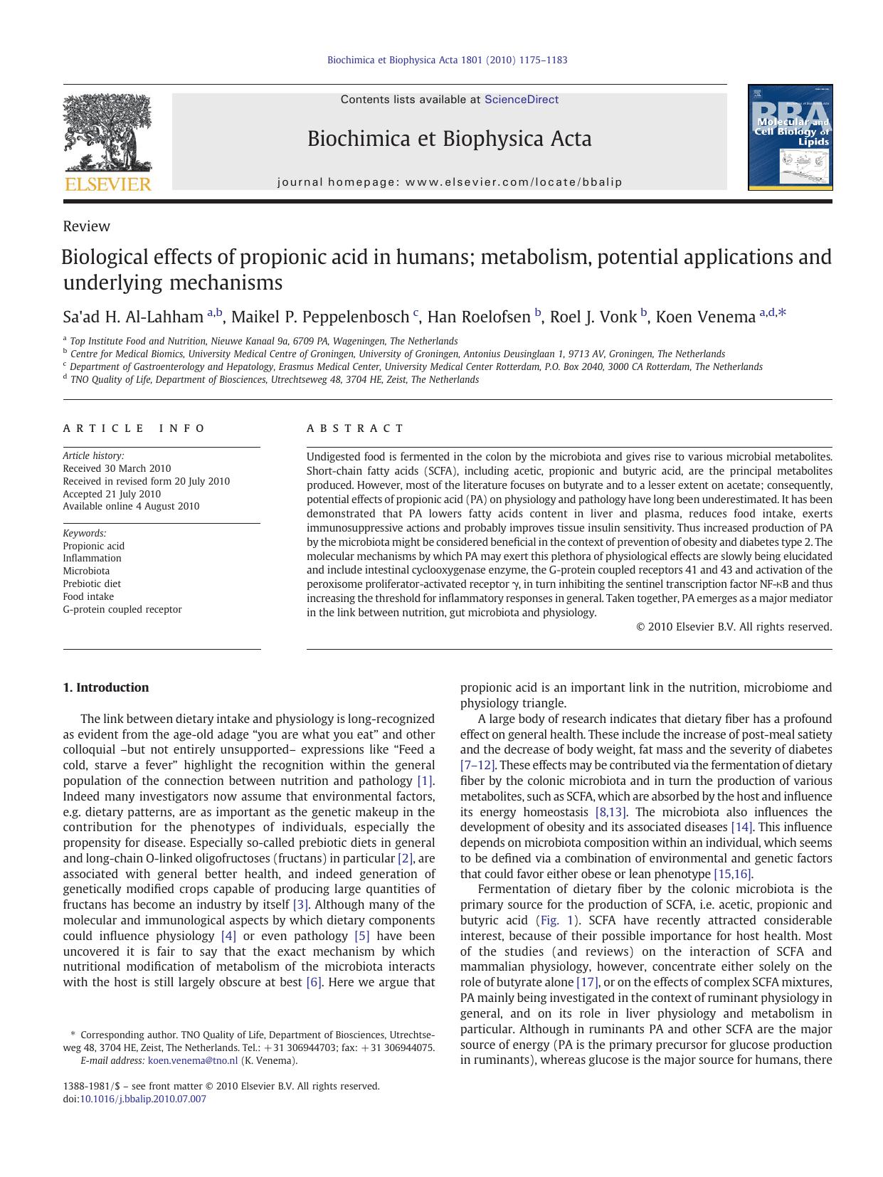 Biological effects of propionic acid in humans; metabolism, potential applications and underlying mechanisms by Sa'ad H. Al-Lahham