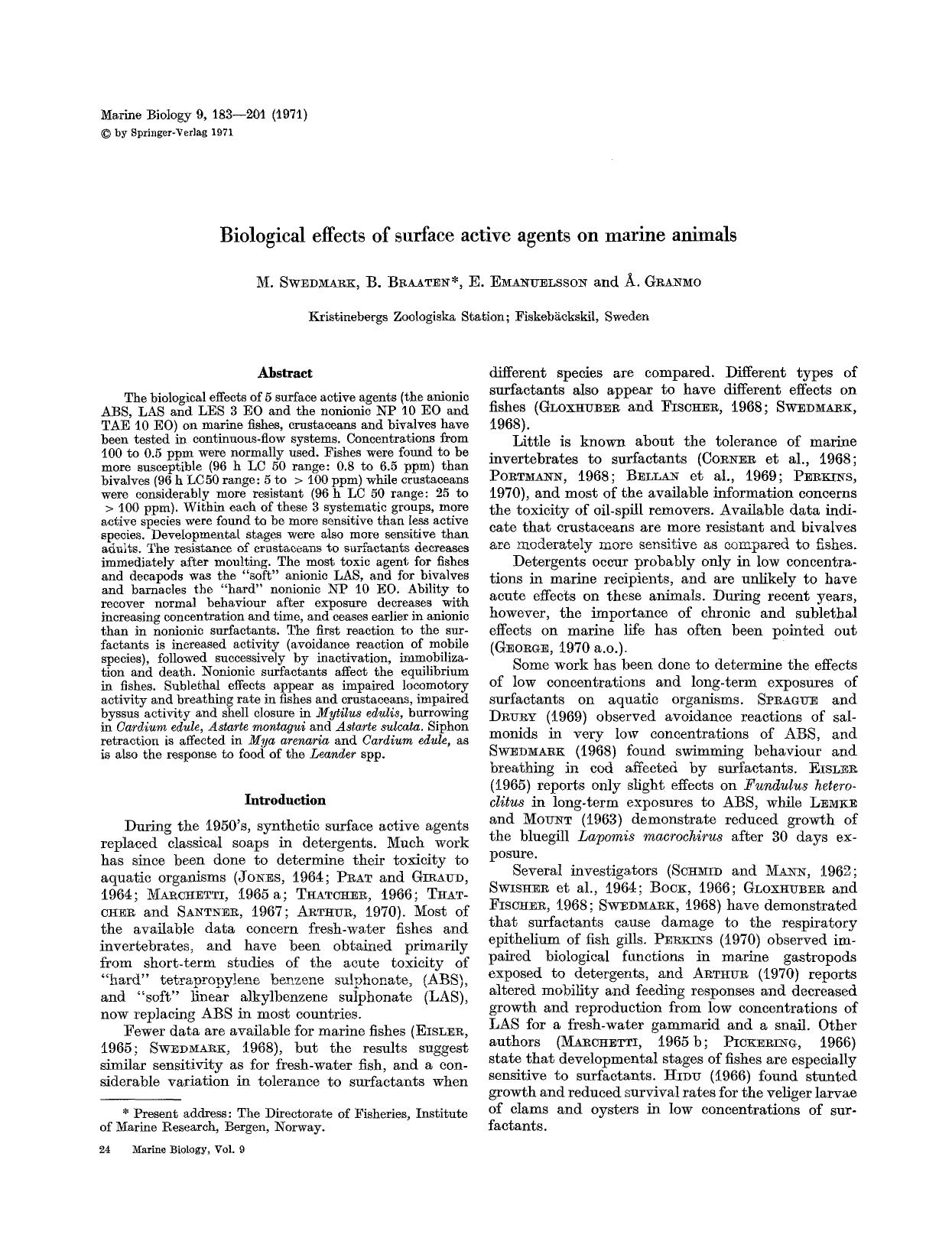Biological effects of surface active agents on marine animals by Unknown