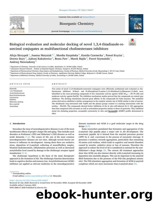 Biological evaluation and molecular docking of novel 1,3,4-thiadiazole-resorcinol conjugates as multifunctional cholinesterases inhibitors by unknow