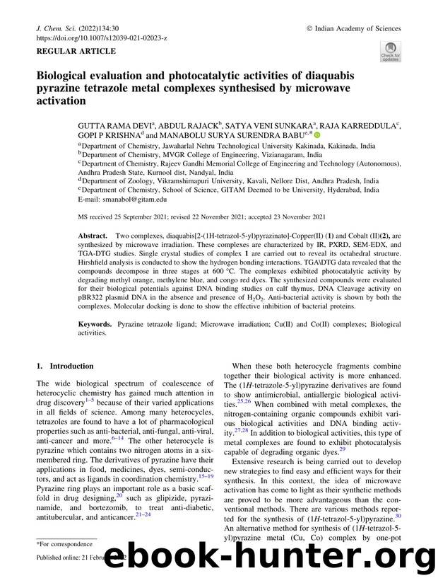Biological evaluation and photocatalytic activities of diaquabis pyrazine tetrazole metal complexes synthesised by microwave activation by unknow