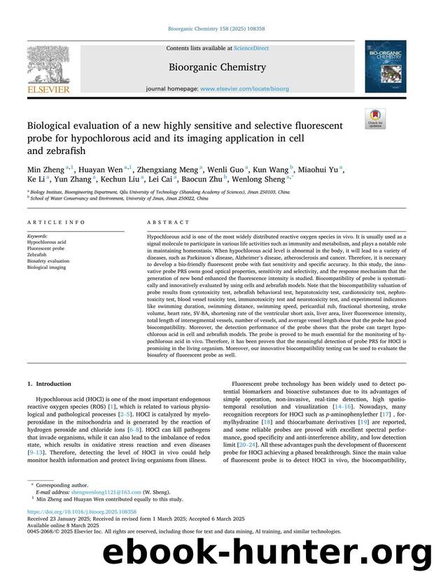 Biological evaluation of a new highly sensitive and selective fluorescent probe for hypochlorous acid and its imaging application in cell and zebrafish by unknow