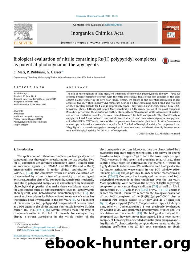 Biological evaluation of nitrile containing Ru(II) polypyridyl complexes as potential photodynamic therapy agents by C. Mari & R. Rubbiani & G. Gasser