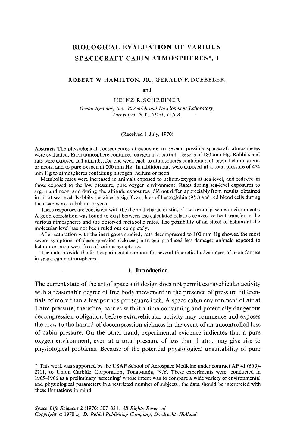 Biological evaluation of various spacecraft cabin atmospheres, I by Unknown