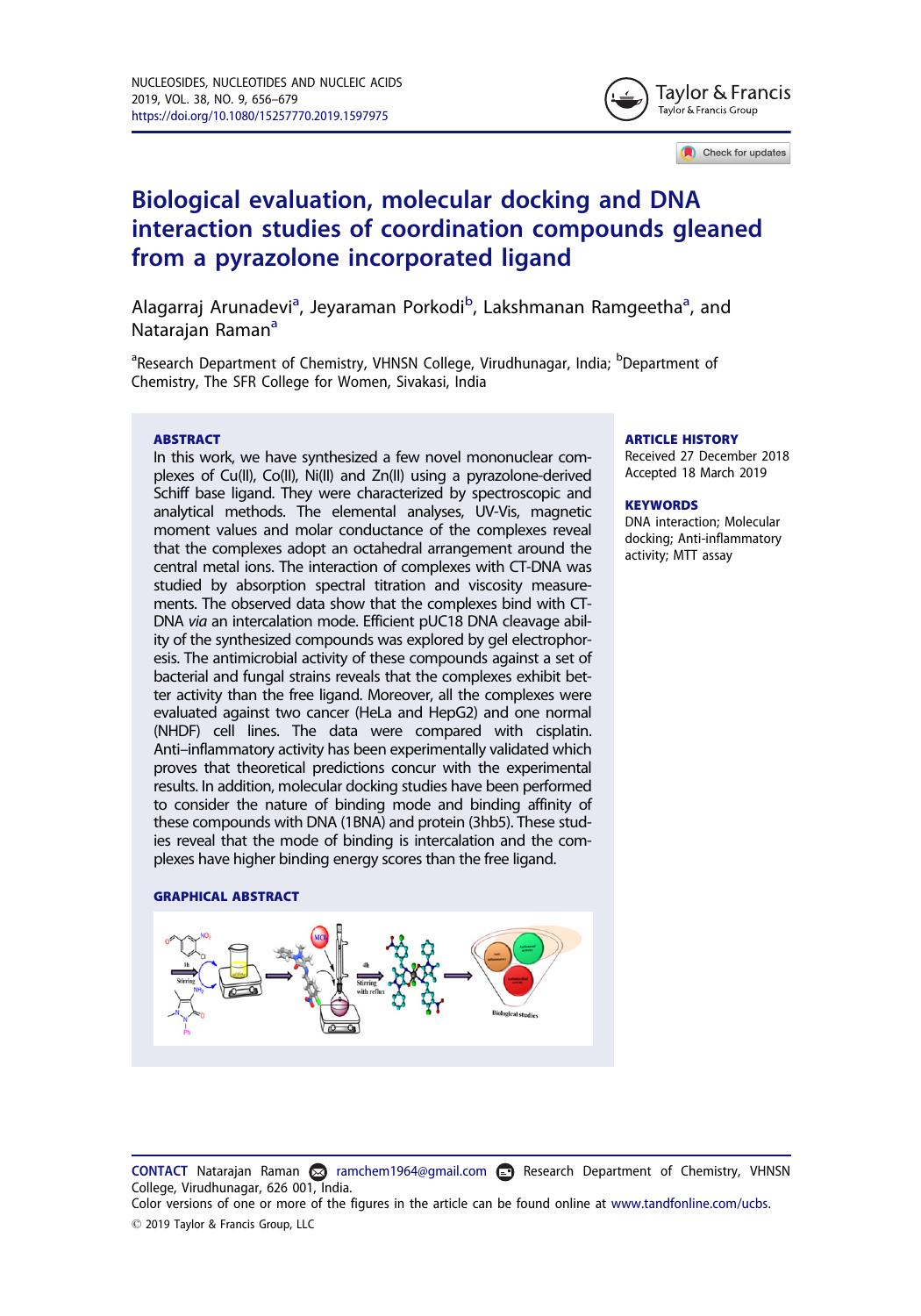 Biological evaluation, molecular docking and DNA interaction studies of coordination compounds gleaned from a pyrazolone incorporated ligand by Arunadevi Alagarraj & Porkodi Jeyaraman & Ramgeetha Lakshmanan & Raman Natarajan