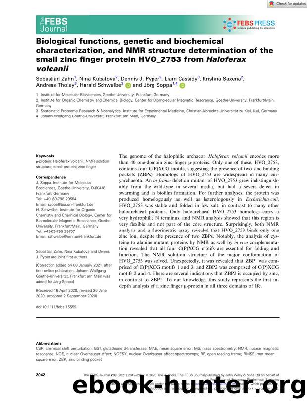 Biological functions, genetic and biochemical characterization, and NMR structure determination of the small zinc finger protein HVO_2753 from Haloferax volcanii by Unknown