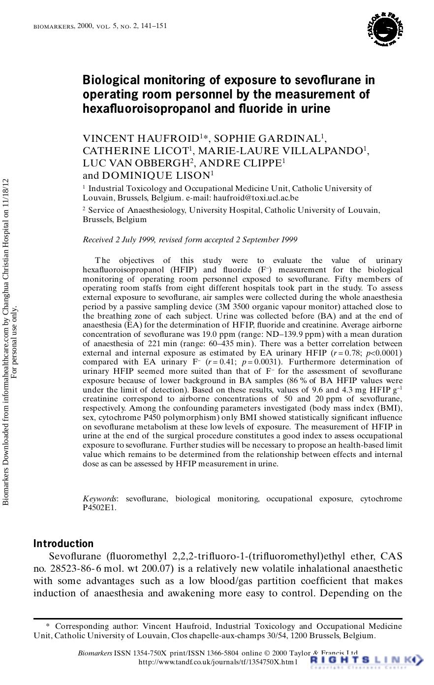 Biological monitoring of exposure to sevoflurane in operating room personnel by the measurement of hexafluoroisopropanol and fluoride in urine by unknow