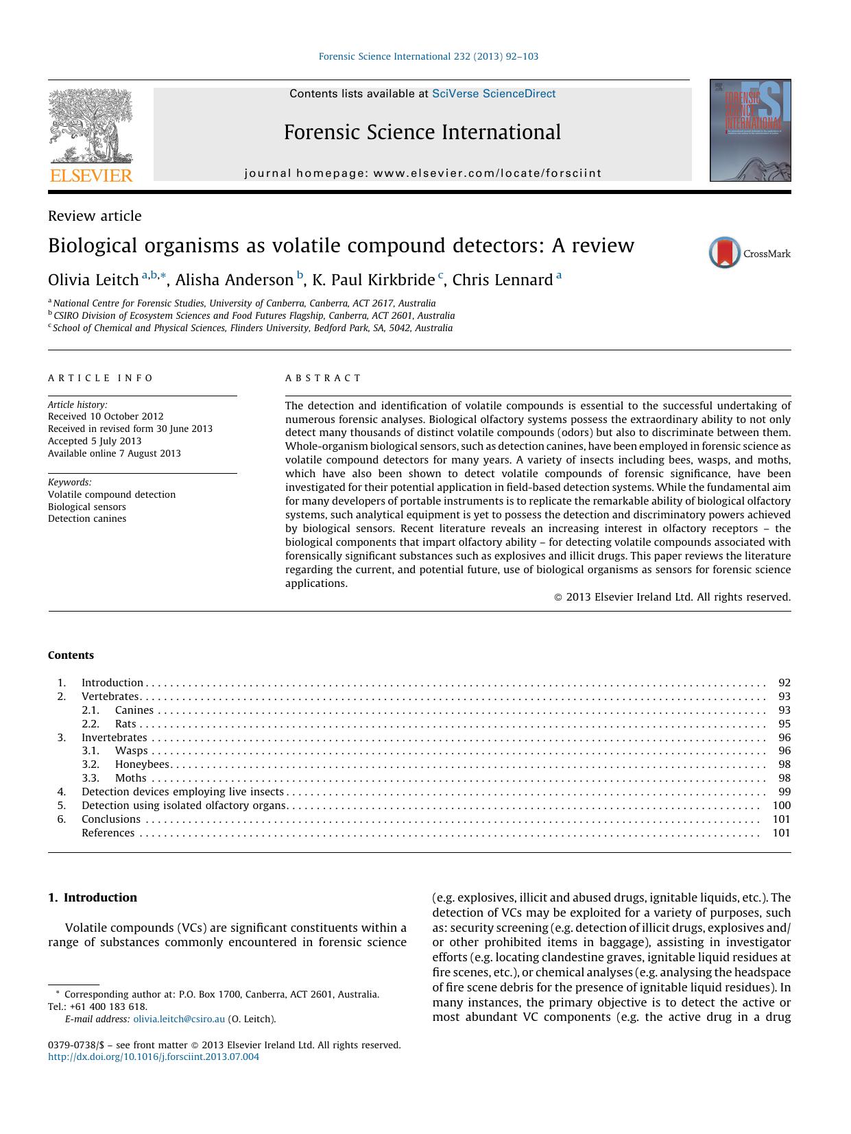 Biological organisms as volatile compound detectors: A review by Olivia Leitch & Alisha Anderson & K. Paul Kirkbride & Chris Lennard