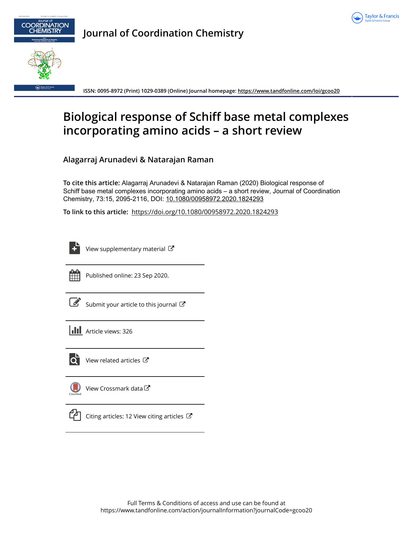 Biological response of Schiff base metal complexes incorporating amino acids â a short review by Arunadevi Alagarraj & Raman Natarajan